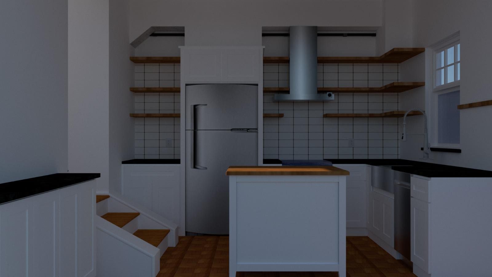 Modern kitchen with white cabinets, black countertops, open shelves, and a refrigerator beside a central island.