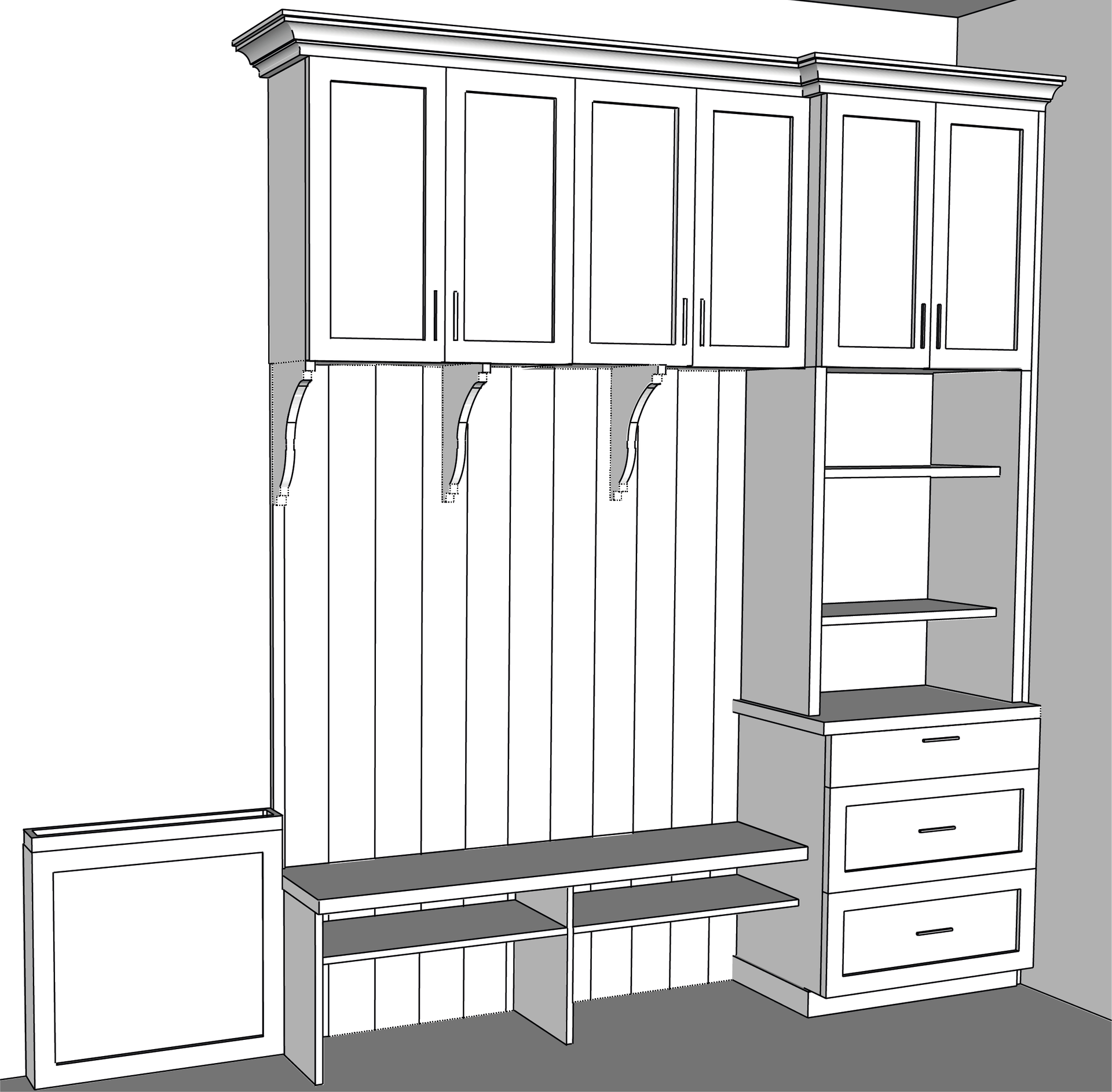 White built-in mudroom cabinet with upper cupboards, bench seating, cubbies, shelves, and drawers