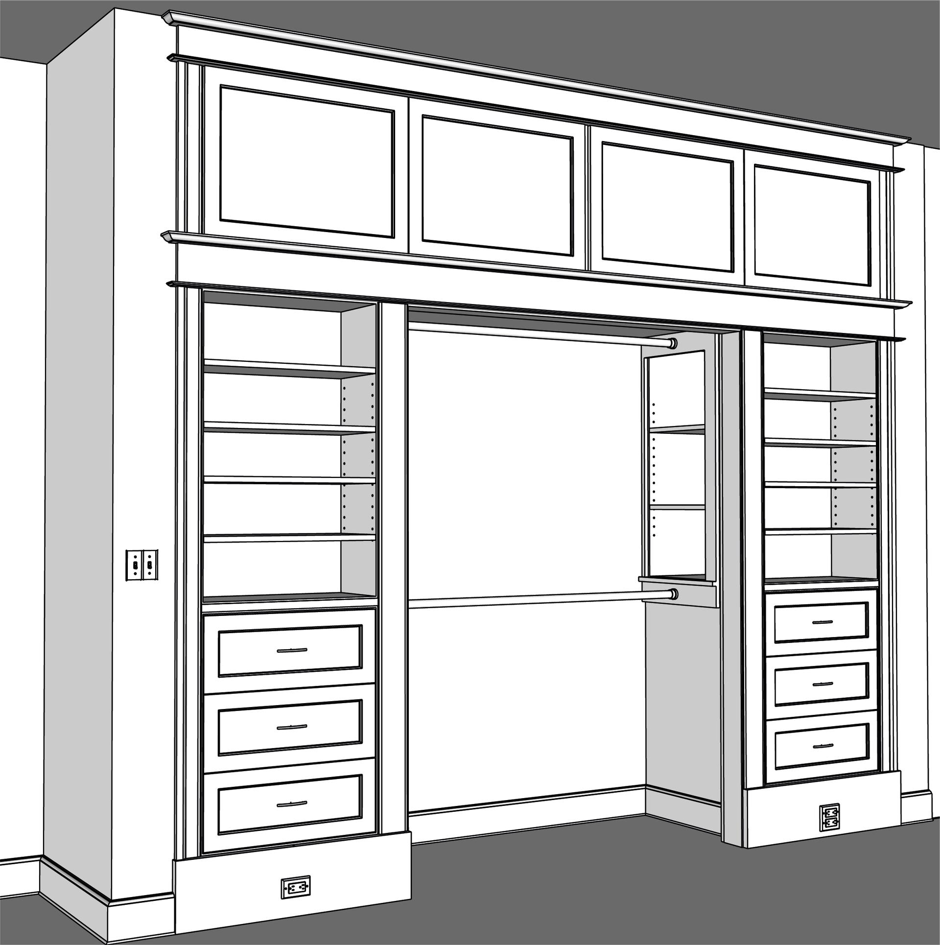 Built-in white closet with shelves, drawers, and a central hanging space in a room